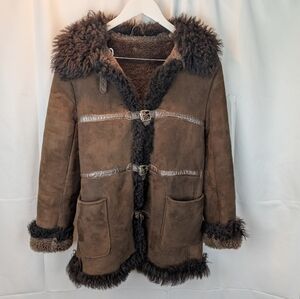 Vintage Brown Shearling Coat with Fur Trim size S(16) made in Belgium